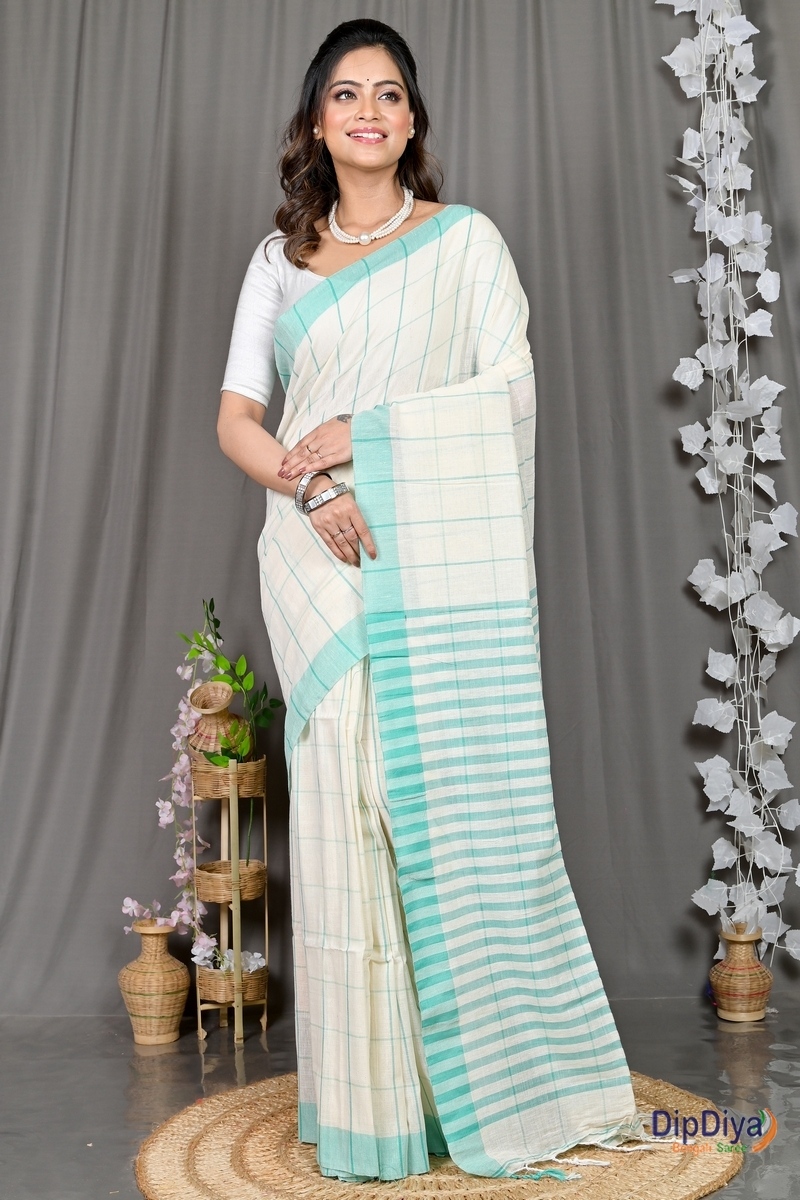 White Cotton Blended Parodhi Hand Loom Saree (484)