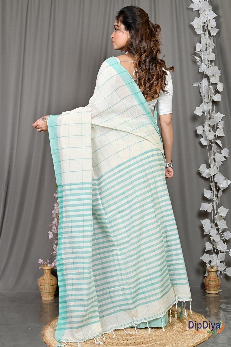 White Cotton Blended Parodhi Hand Loom Saree (484)