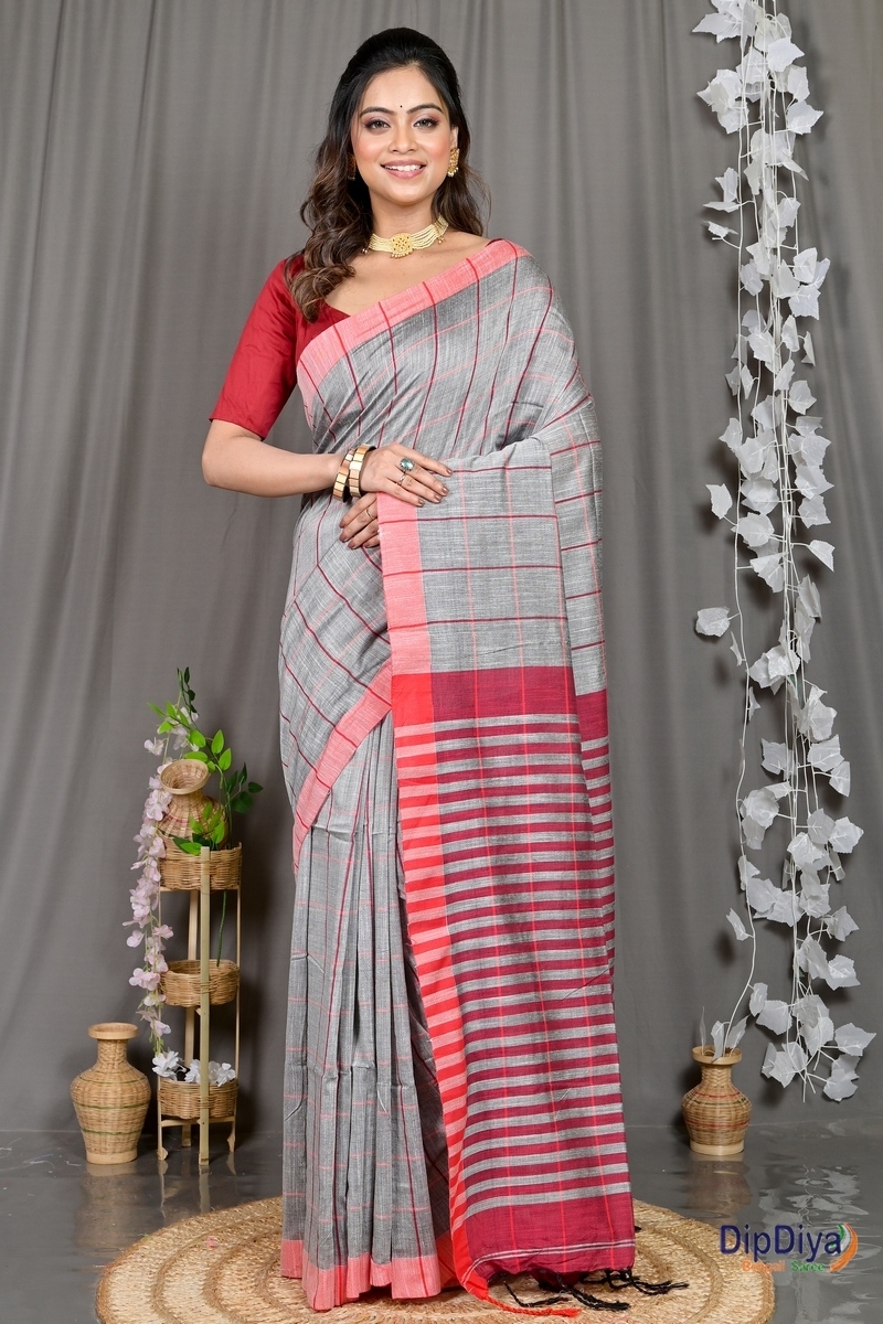 Grey Cotton Blended Parodhi Hand Loom Saree (486)