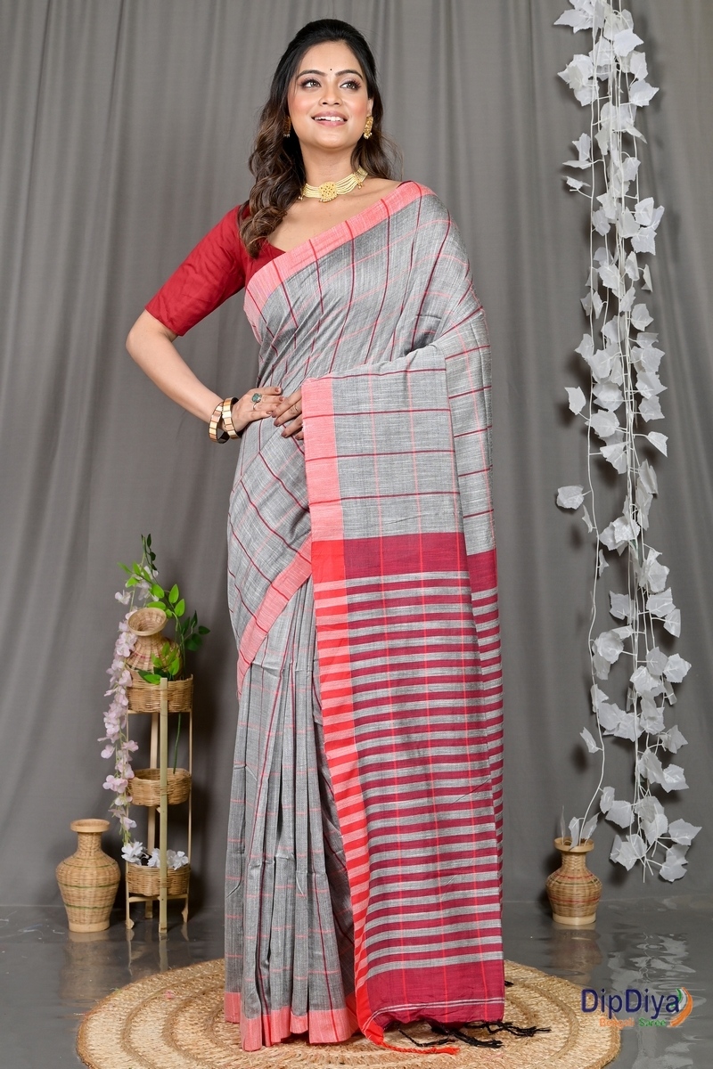 Grey Cotton Blended Parodhi Hand Loom Saree (486)