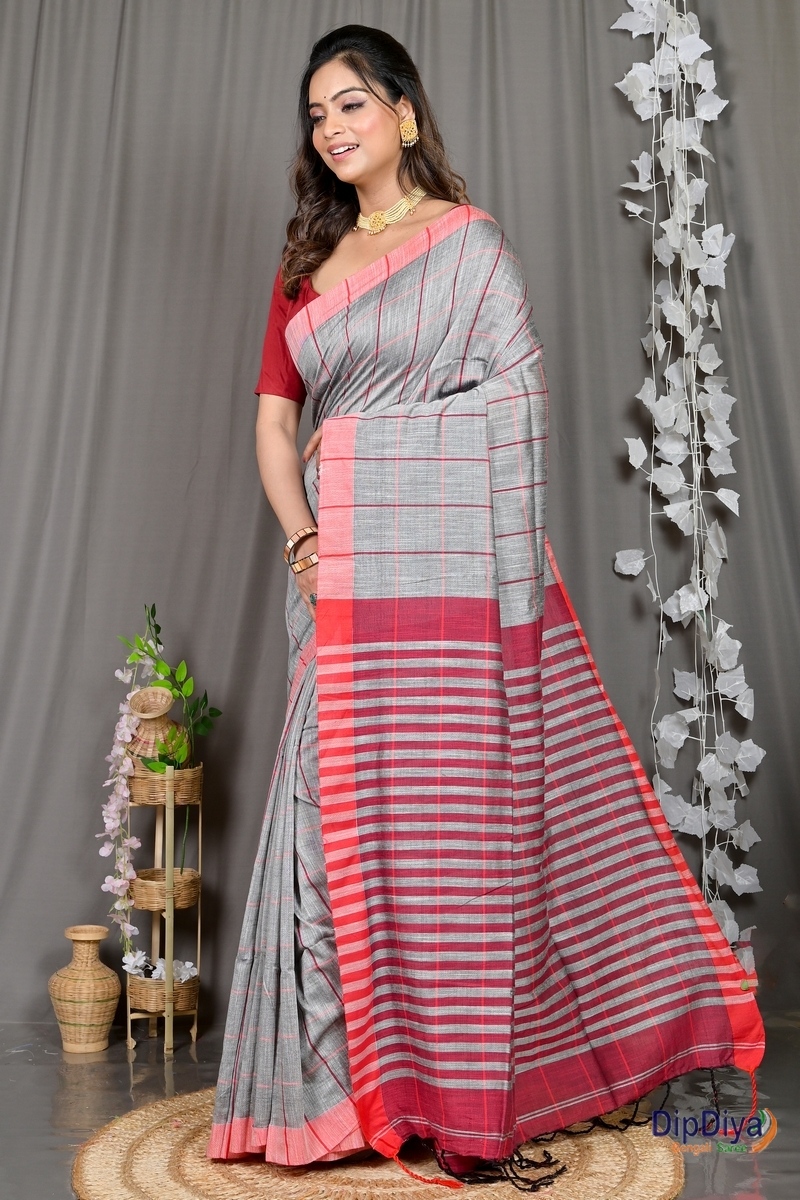 Grey Cotton Blended Parodhi Hand Loom Saree (486)