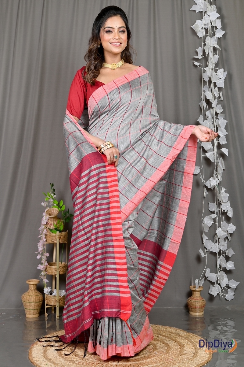 Grey Cotton Blended Parodhi Hand Loom Saree (486)