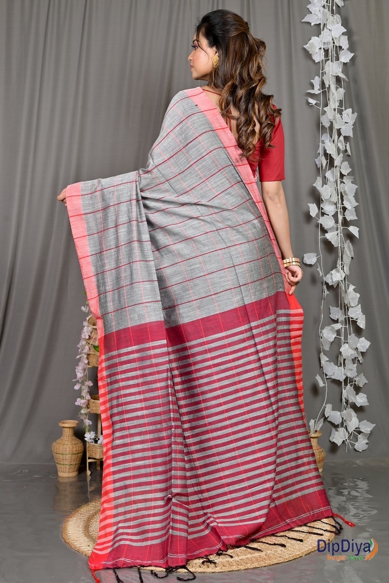 Grey Cotton Blended Parodhi Hand Loom Saree (486)