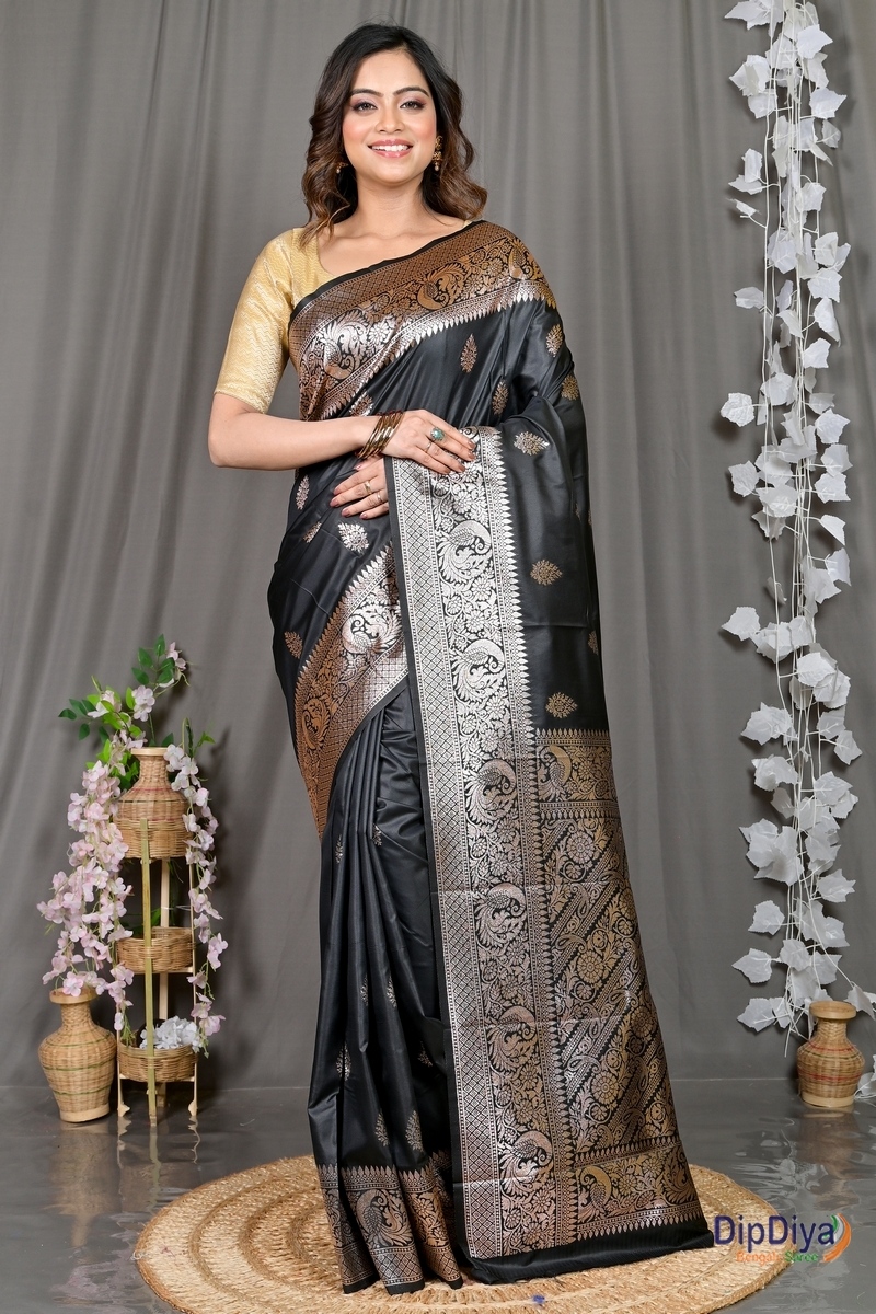 Black Cotton Silk Paromal Kathan Saree (491)