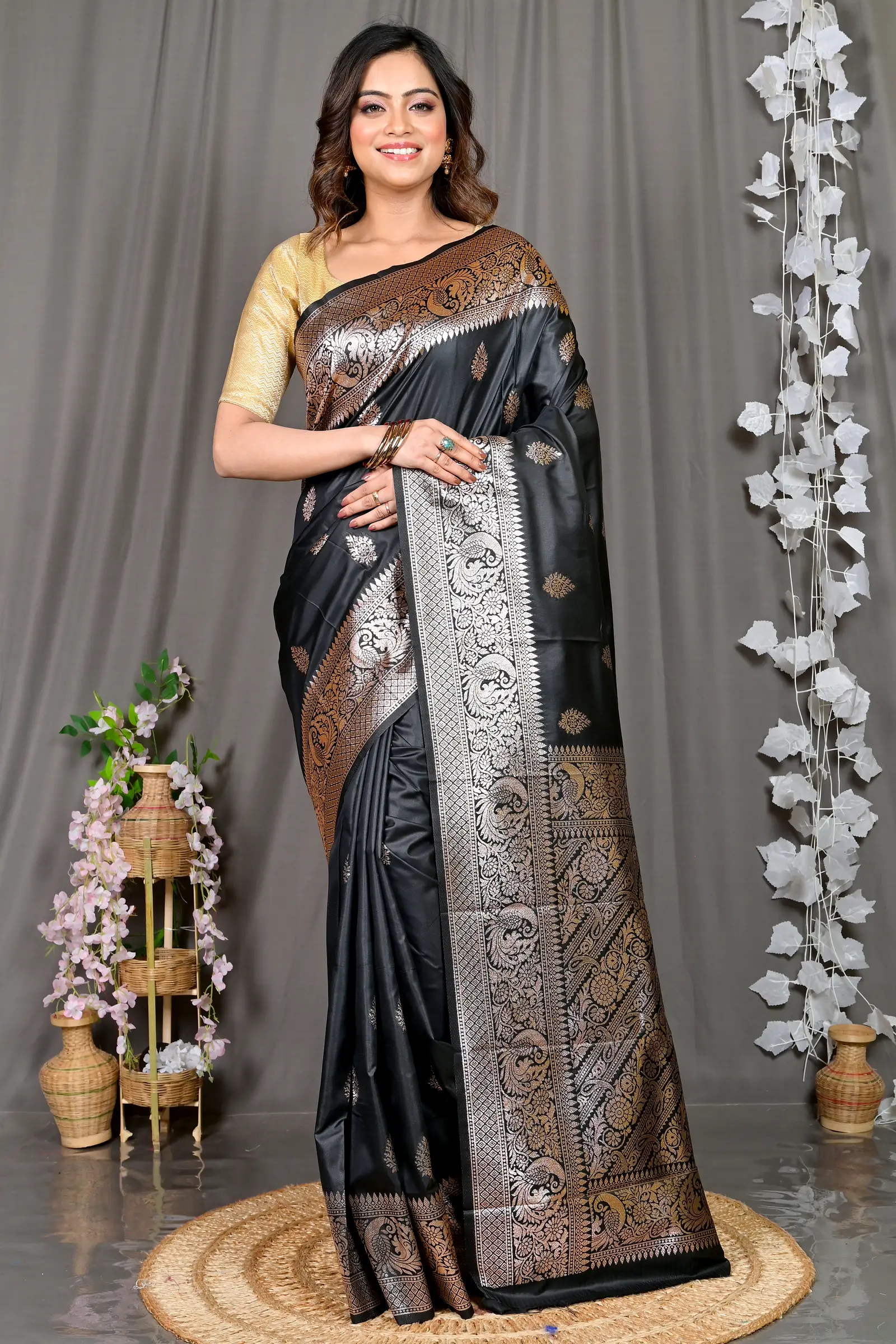 Black Cotton Silk Paromal Kathan Saree (491)