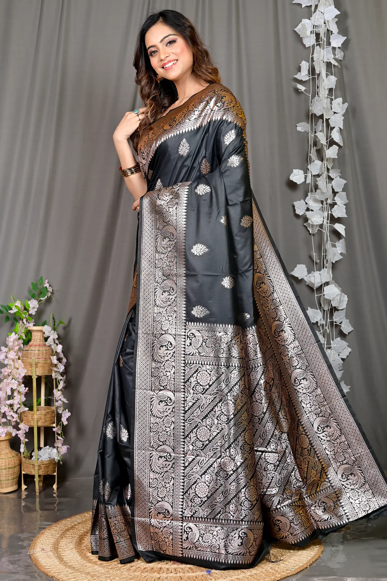 Black Cotton Silk Paromal Kathan Saree (491)