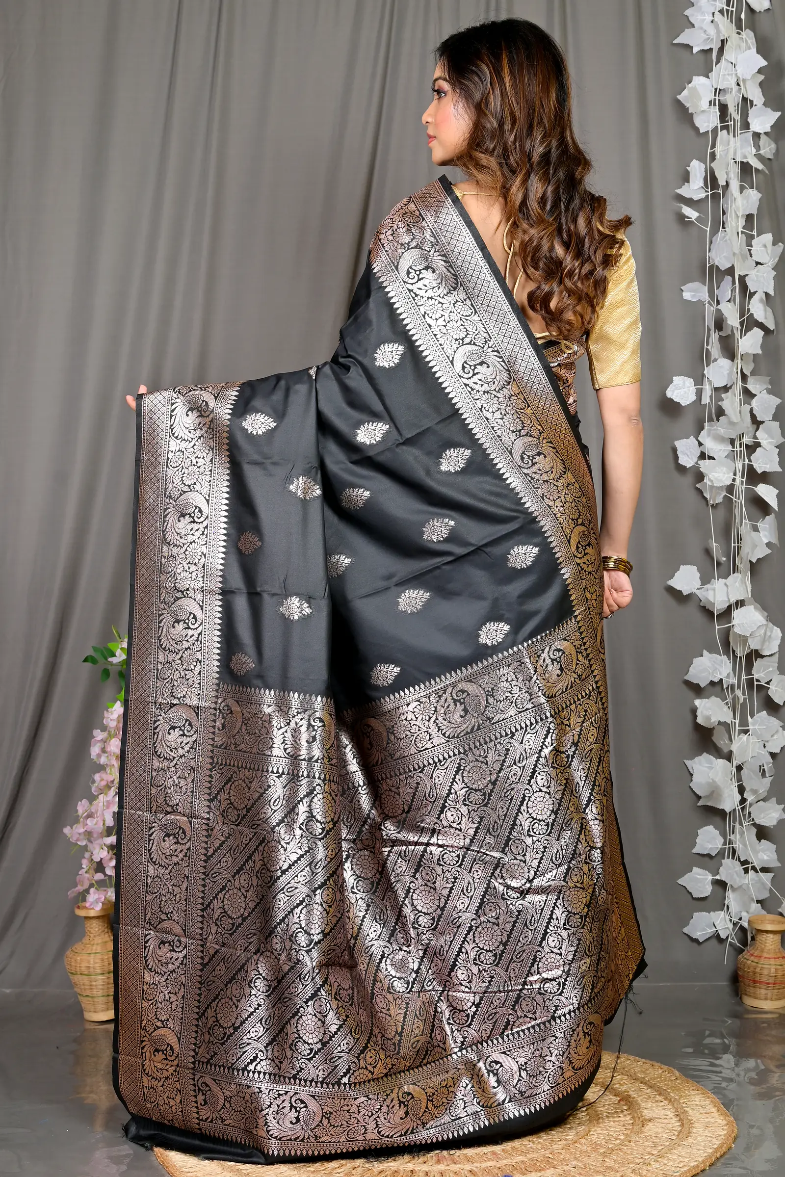 Black Cotton Silk Paromal Kathan Saree (491)