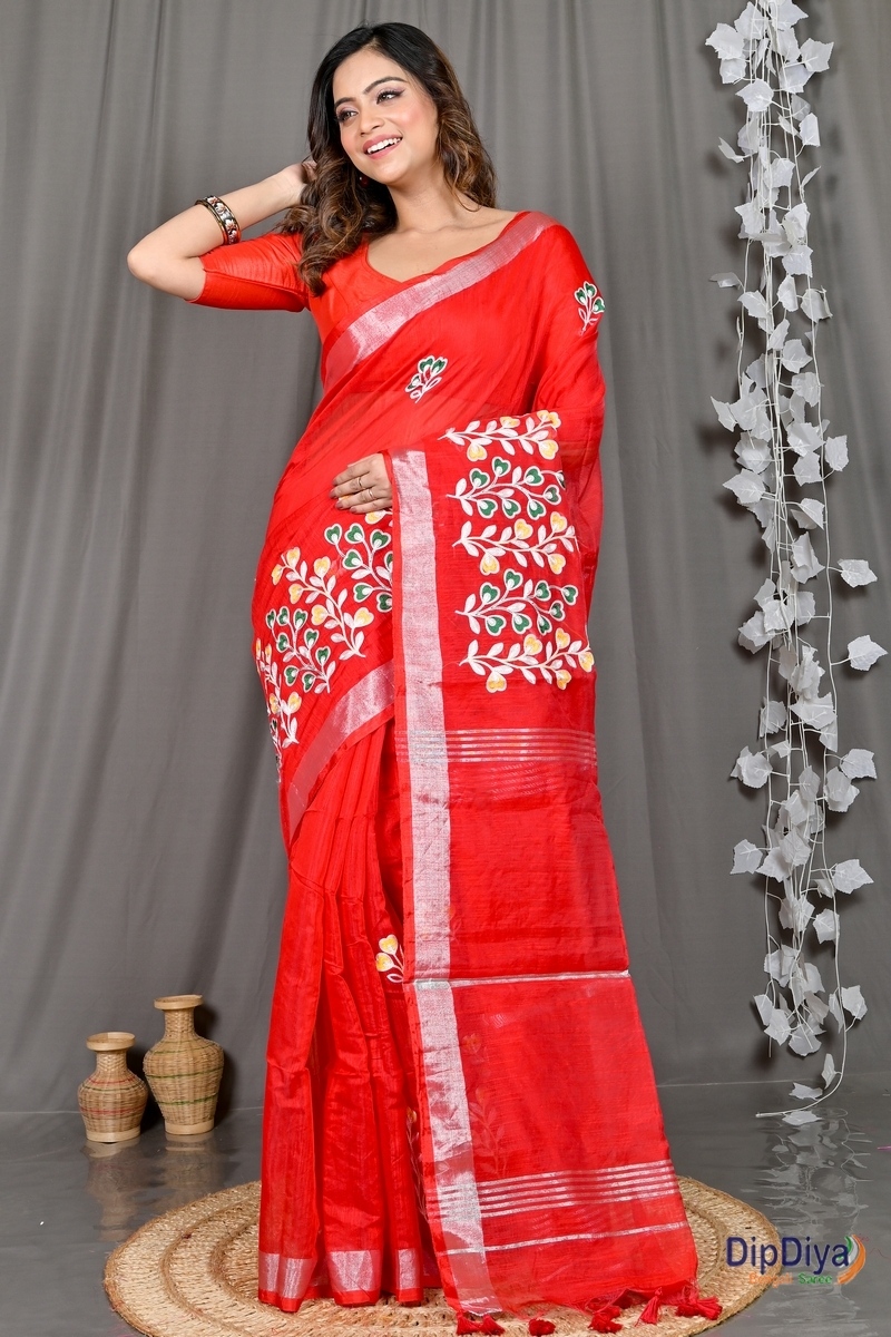 Red Cotton Blended Paroni Embroidery Handloom saree (492)