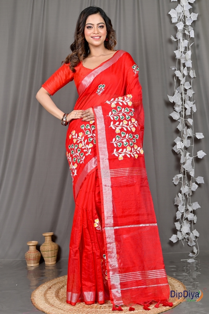 Red Cotton Blended Paroni Embroidery Handloom saree (492)