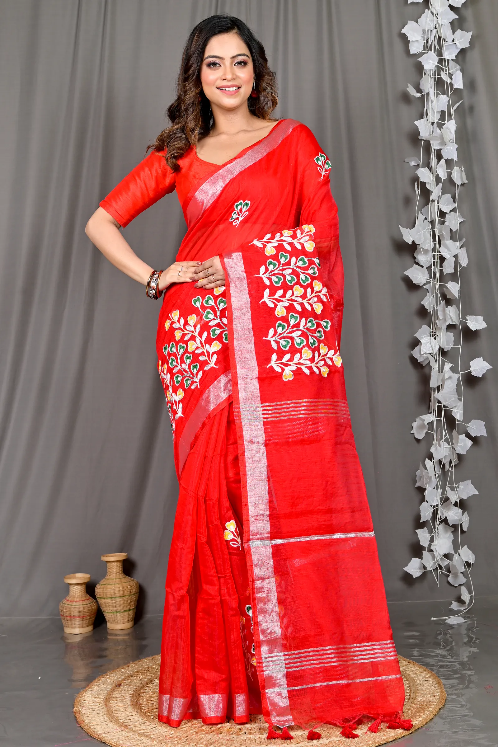 Red Cotton Blended Paroni Embroidery Handloom saree (492)