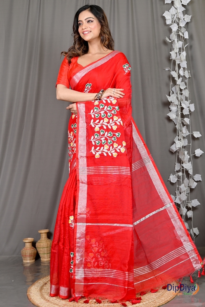 Red Cotton Blended Paroni Embroidery Handloom saree (492)