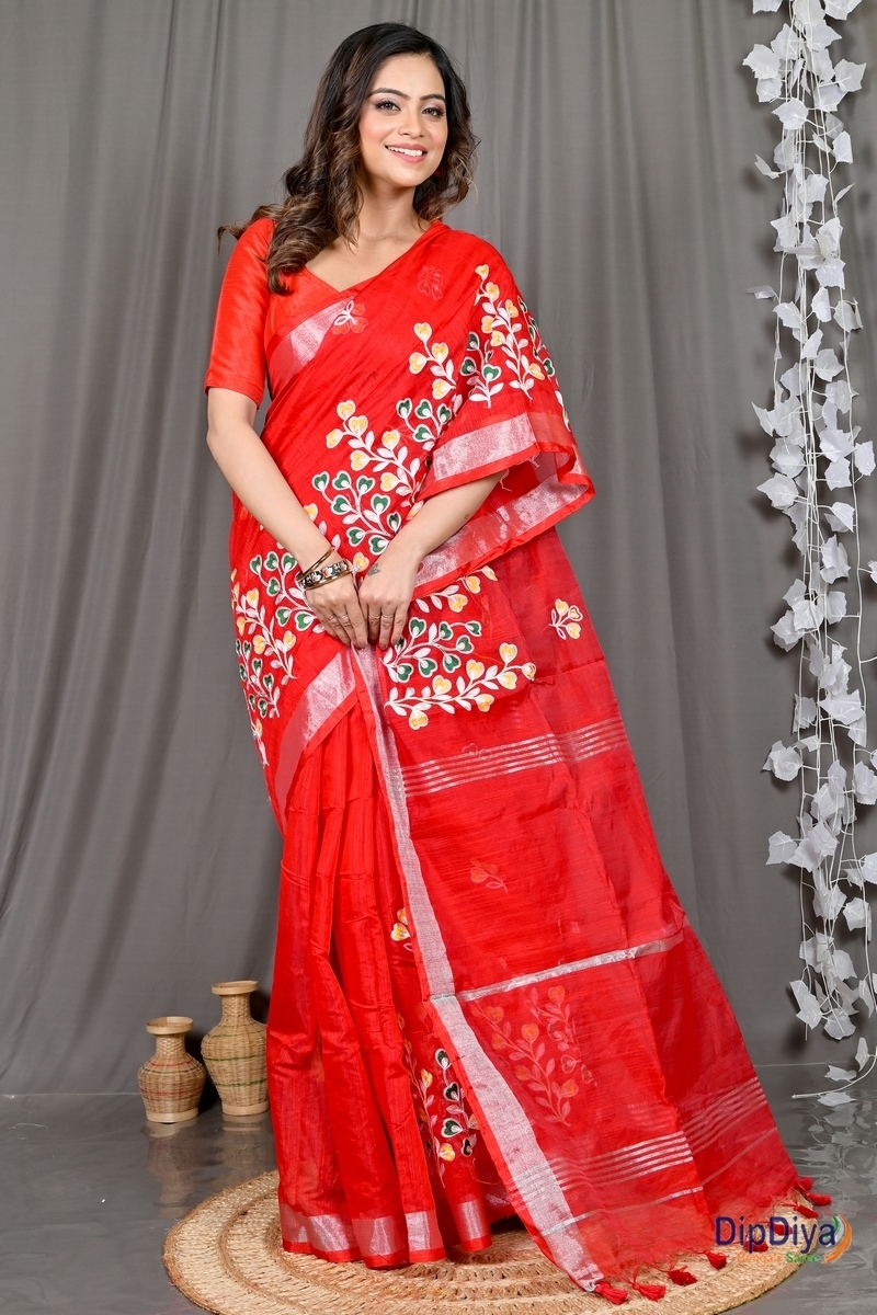 Red Cotton Blended Paroni Embroidery Handloom saree (492)