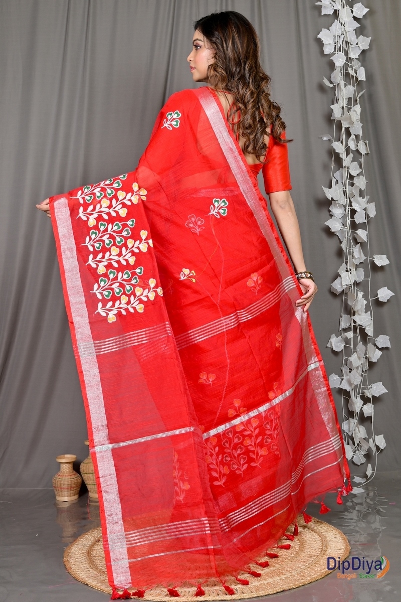 Red Cotton Blended Paroni Embroidery Handloom saree (492)