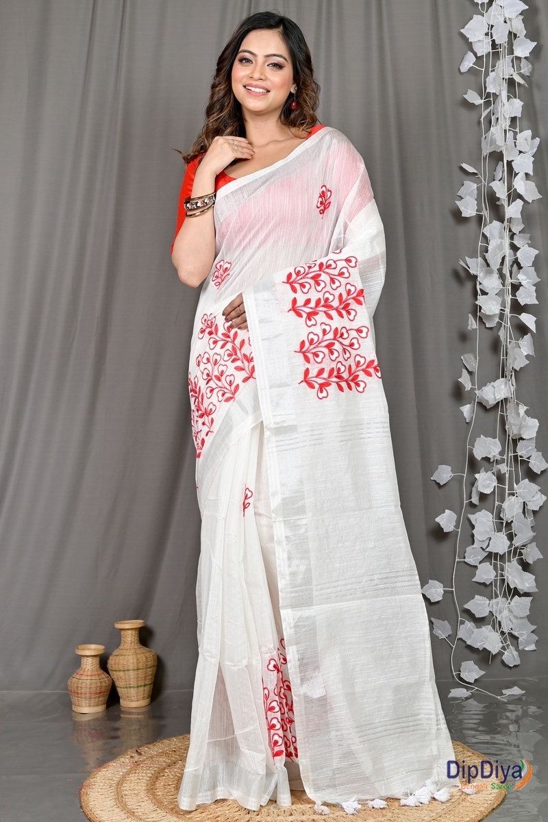 White Cotton Blended Paroni Embroidery Handloom saree (493)