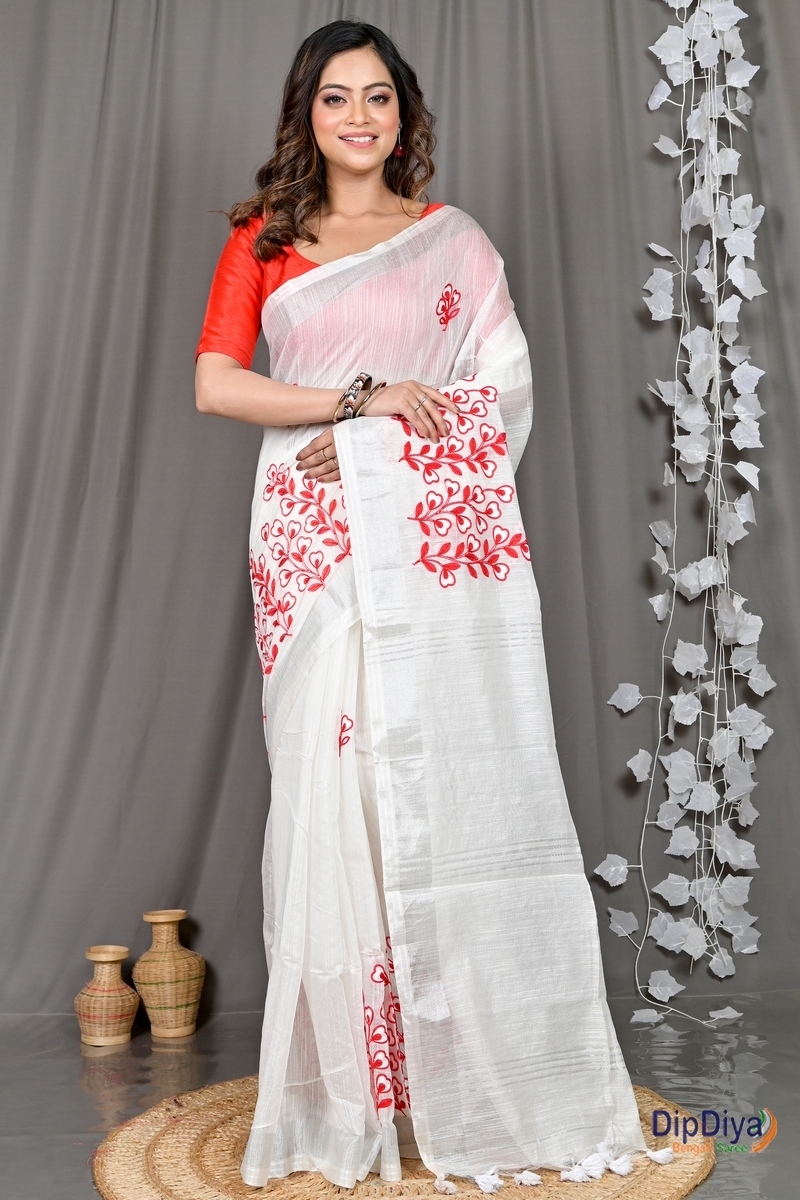 White Cotton Blended Paroni Embroidery Handloom saree (493)