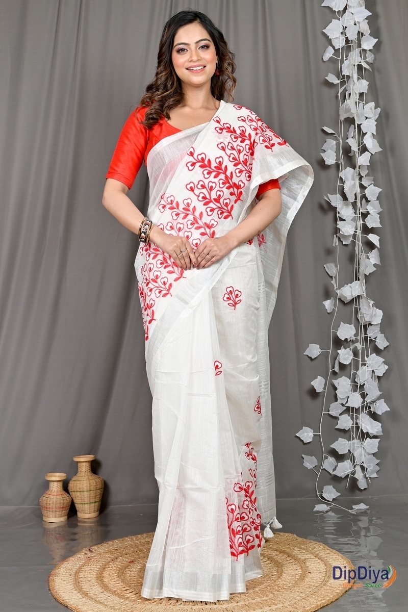 White Cotton Blended Paroni Embroidery Handloom saree (493)