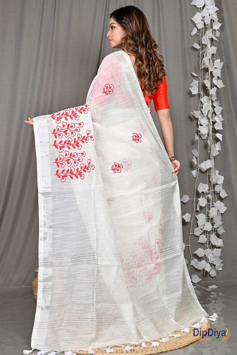 White Cotton Blended Paroni Embroidery Handloom saree (493)
