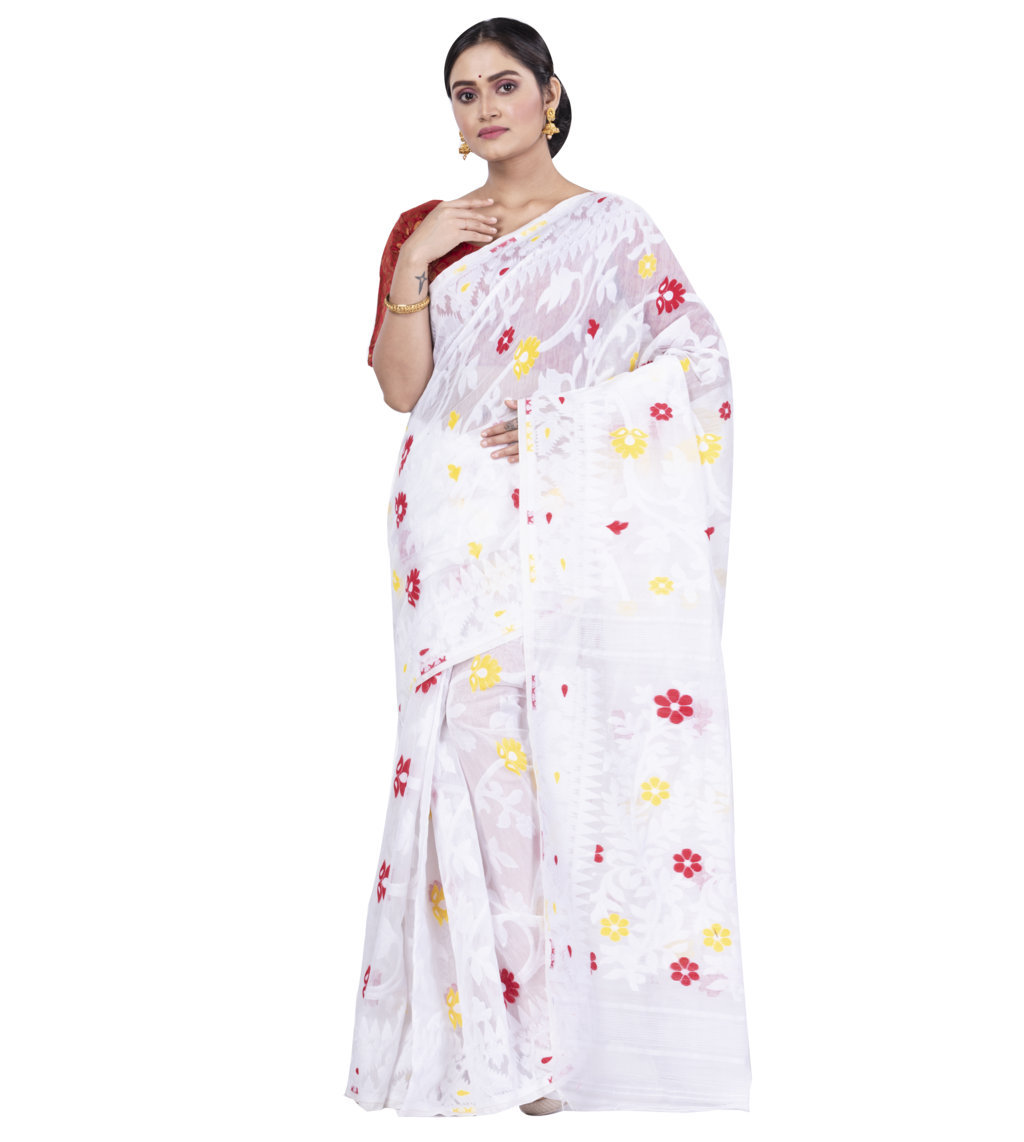 White Pure Cotton Fulpori__Jamd Jamdani Saree (495)