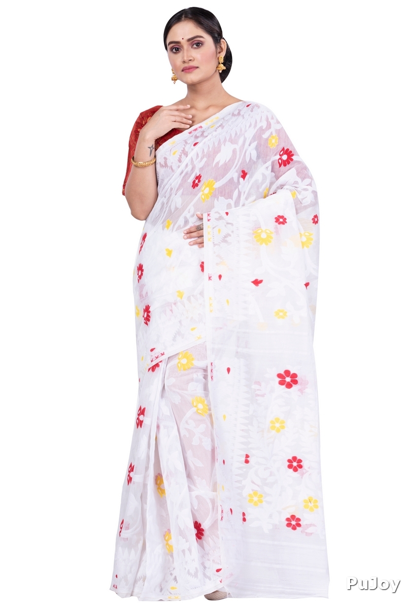 White Pure Cotton Fulpori__Jamd Jamdani Saree (495)