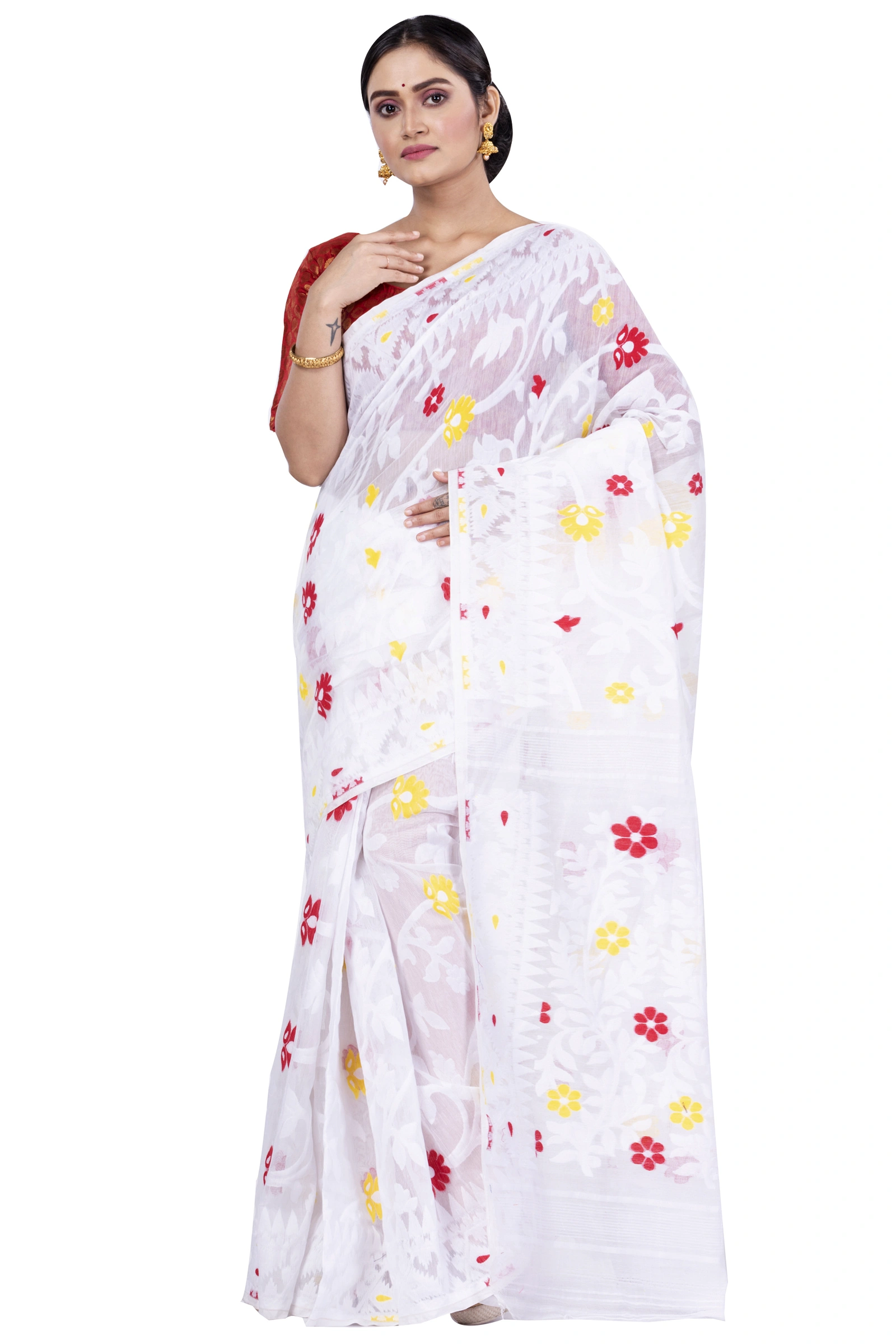 White Pure Cotton Fulpori__Jamd Jamdani Saree (495)