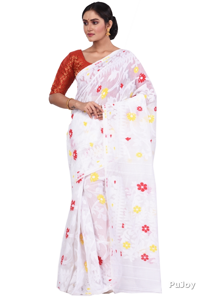 White Pure Cotton Fulpori__Jamd Jamdani Saree (495)