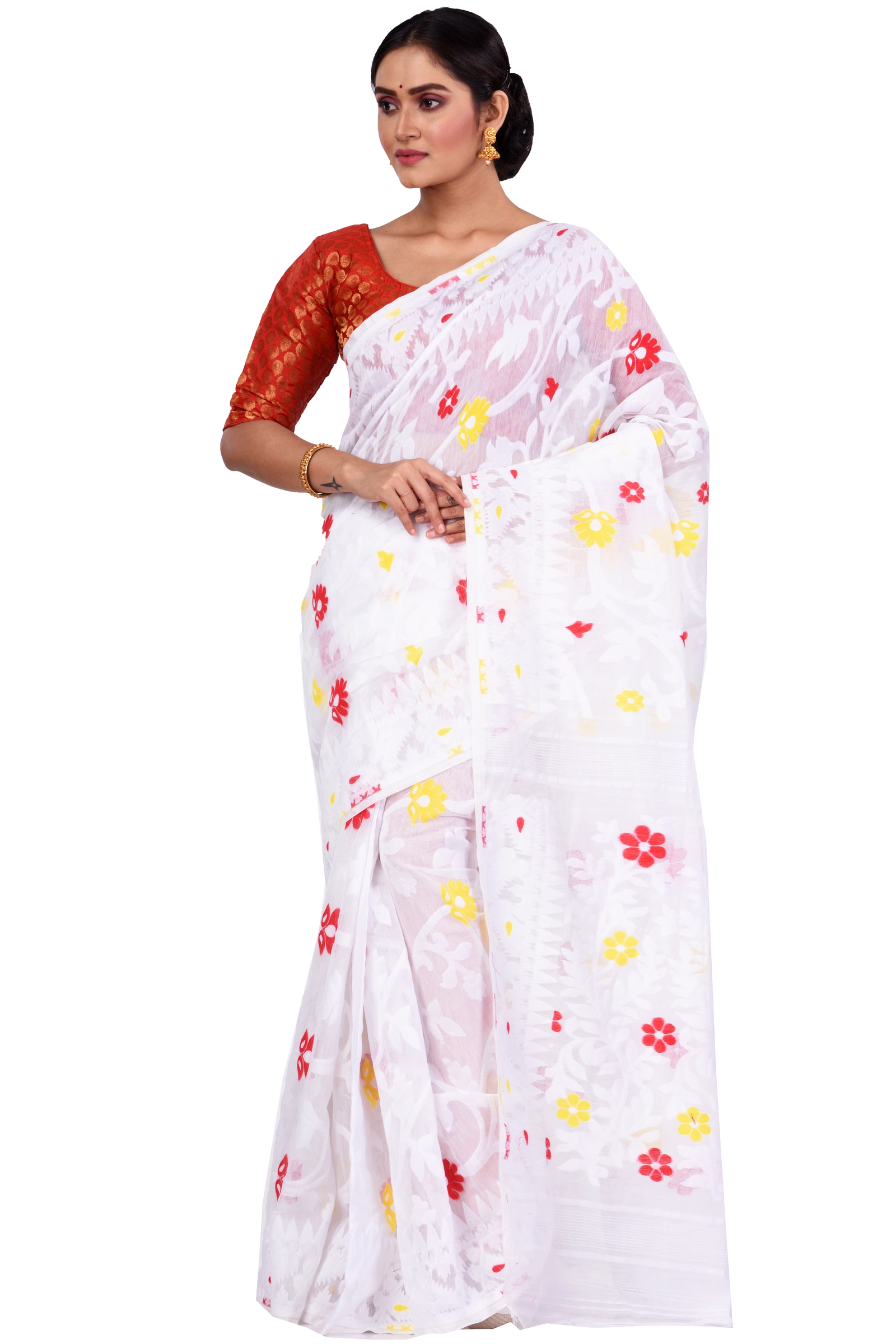 White Pure Cotton Fulpori__Jamd Jamdani Saree (495)