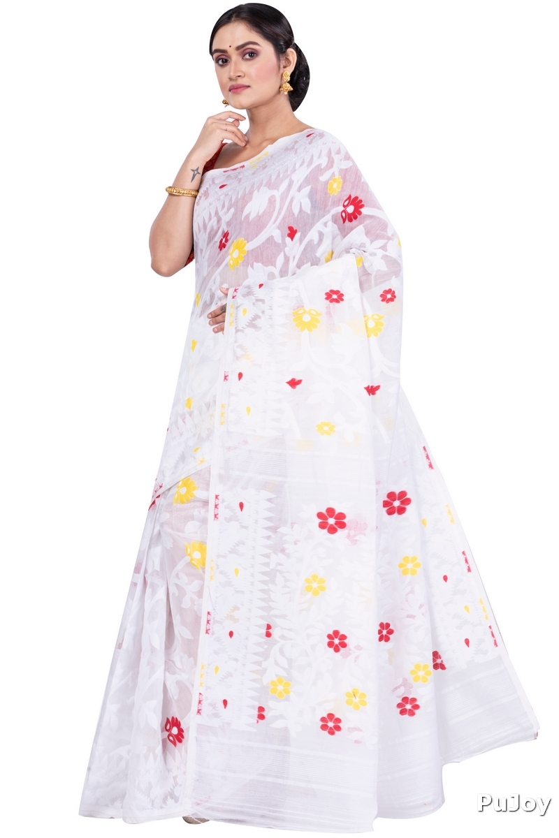 White Pure Cotton Fulpori__Jamd Jamdani Saree (495)