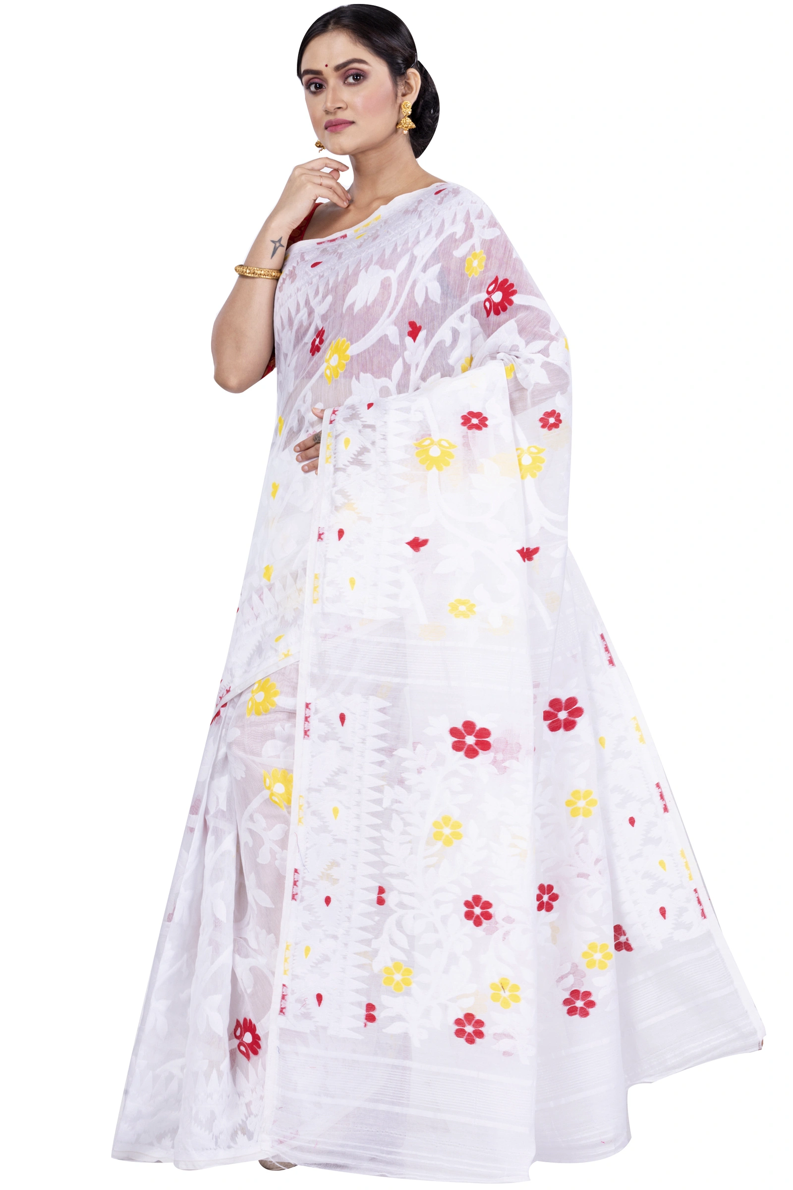 White Pure Cotton Fulpori__Jamd Jamdani Saree (495)