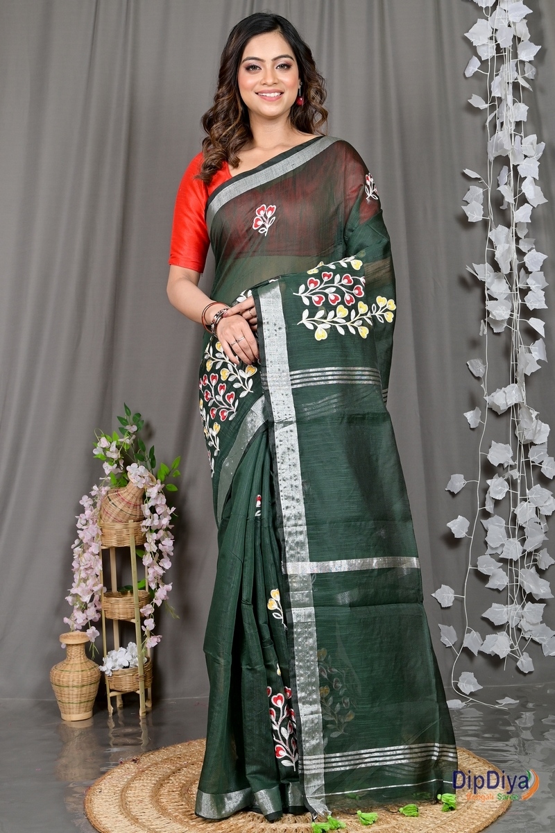 Dark Green Cotton Blended Paroni Embroidery Handloom saree (496)