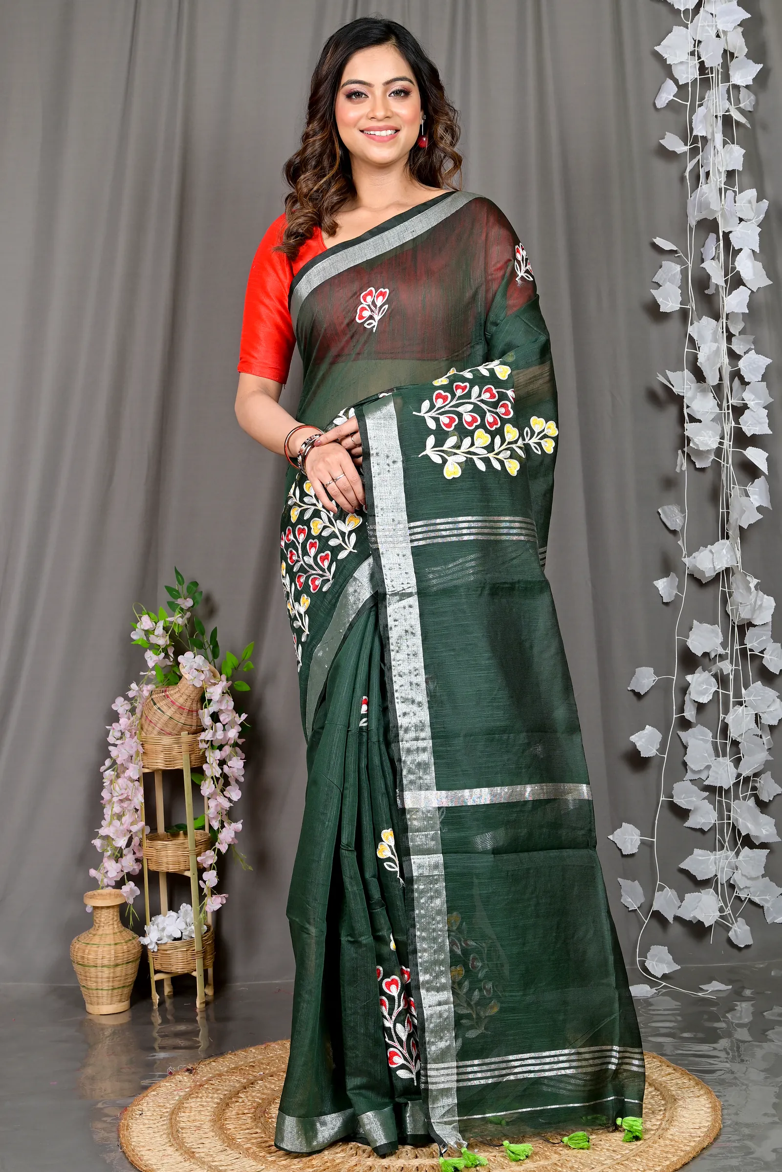 Dark Green Cotton Blended Paroni Embroidery Handloom saree (496)