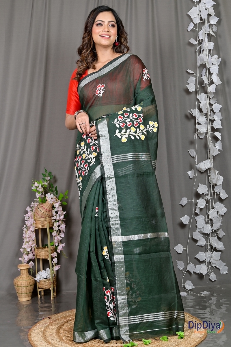 Dark Green Cotton Blended Paroni Embroidery Handloom saree (496)
