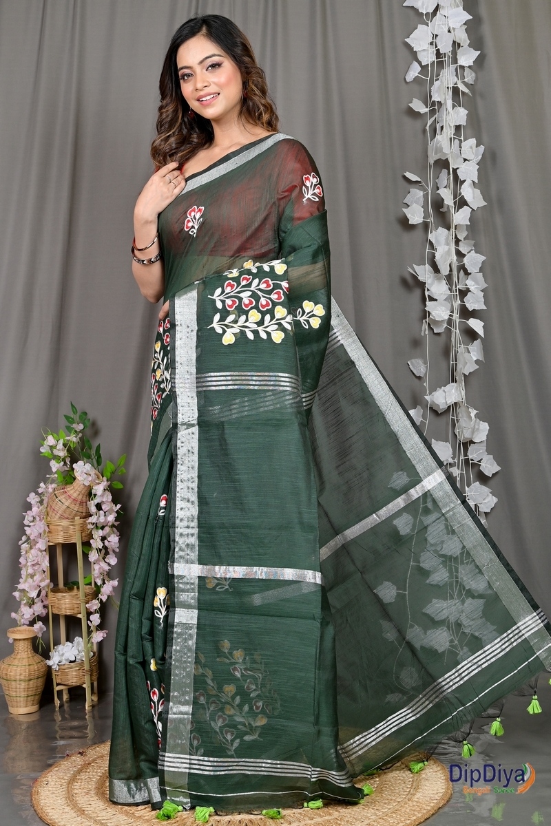 Dark Green Cotton Blended Paroni Embroidery Handloom saree (496)