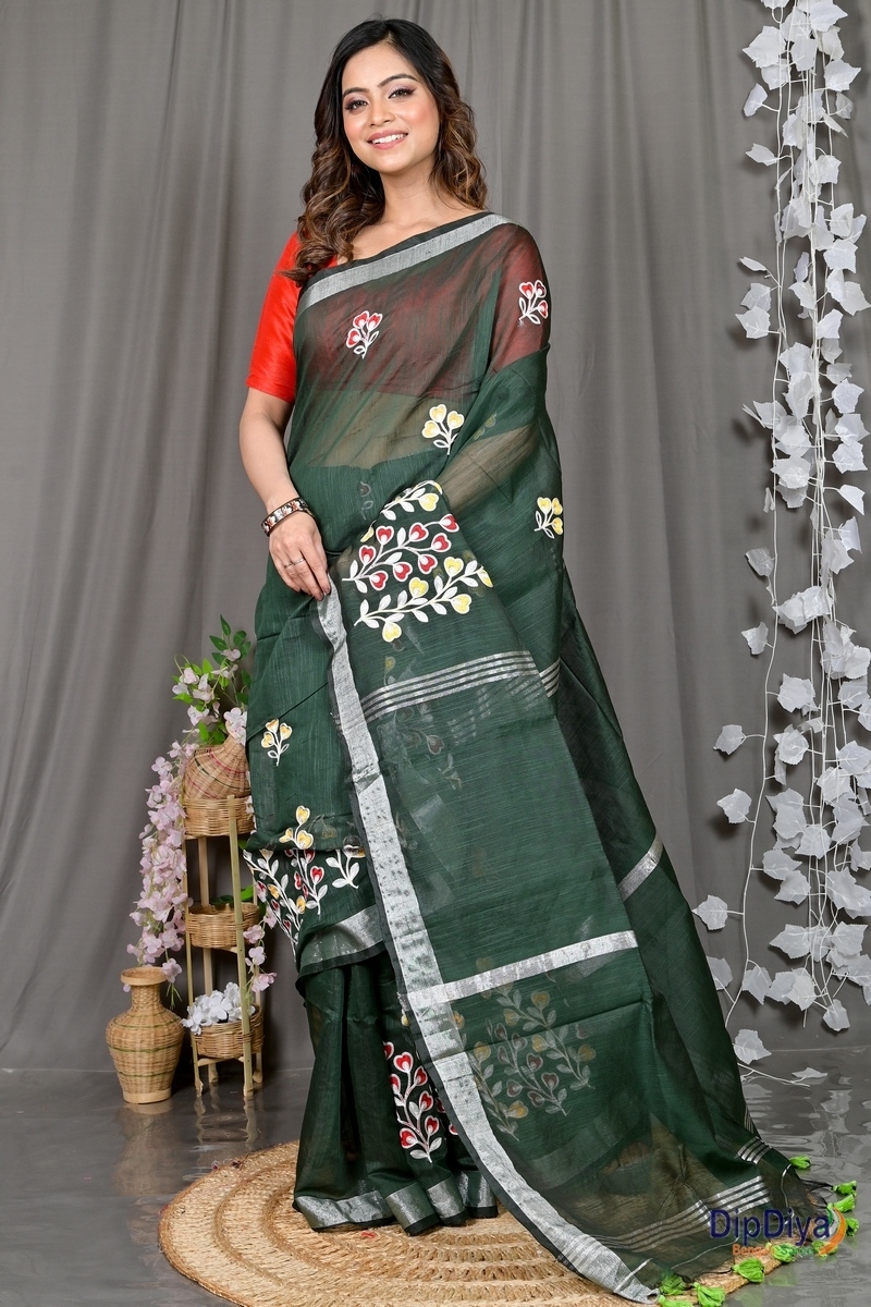Dark Green Cotton Blended Paroni Embroidery Handloom saree (496)