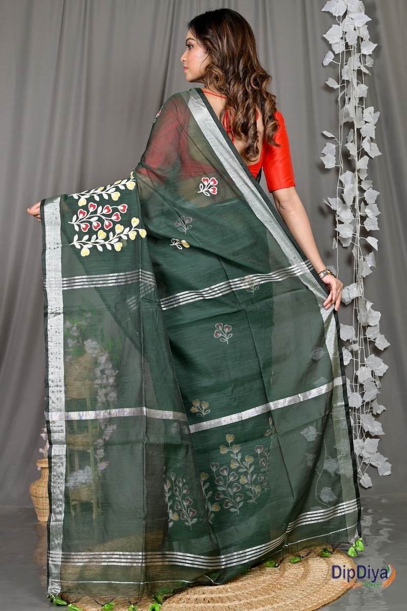 Dark Green Cotton Blended Paroni Embroidery Handloom saree (496)