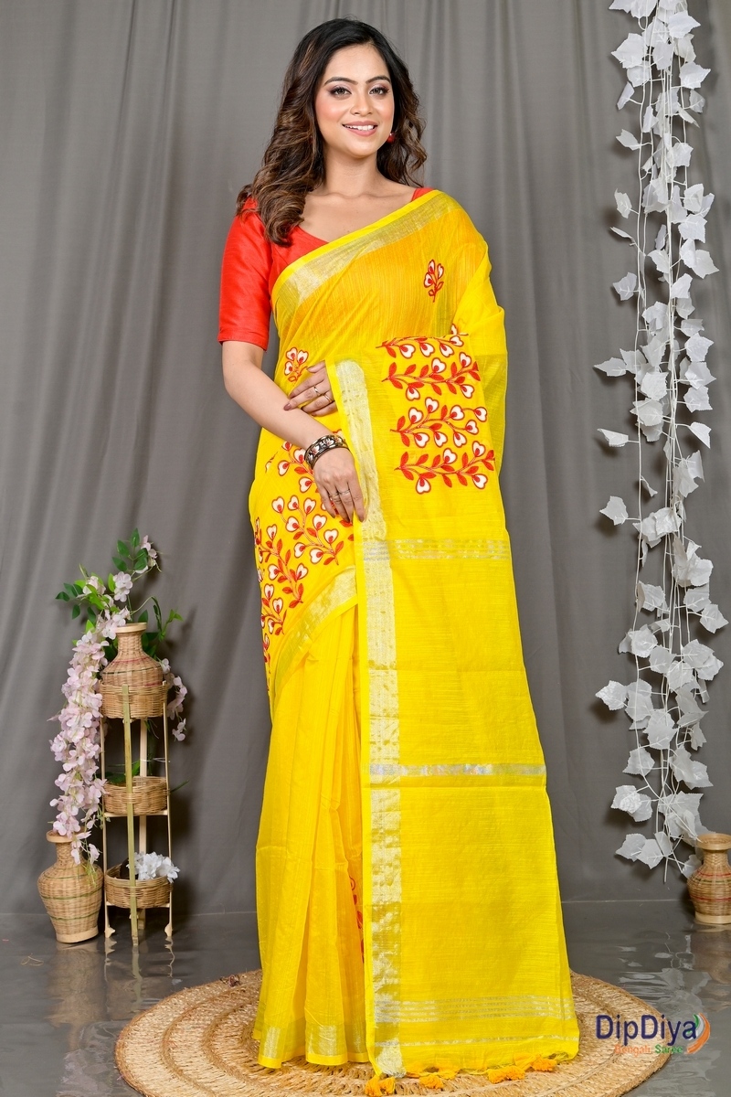 Yellow Cotton Blended Paroni Embroidery Handloom saree (497)