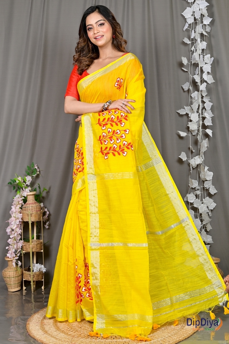 Yellow Cotton Blended Paroni Embroidery Handloom saree (497)