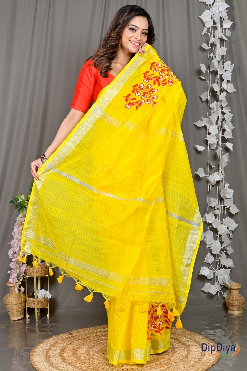 Yellow Cotton Blended Paroni Embroidery Handloom saree (497)