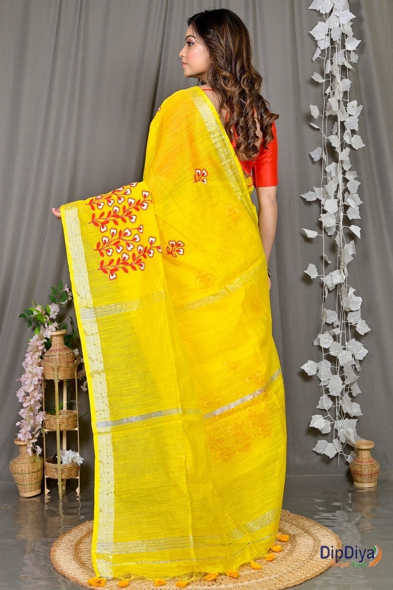 Yellow Cotton Blended Paroni Embroidery Handloom saree (497)