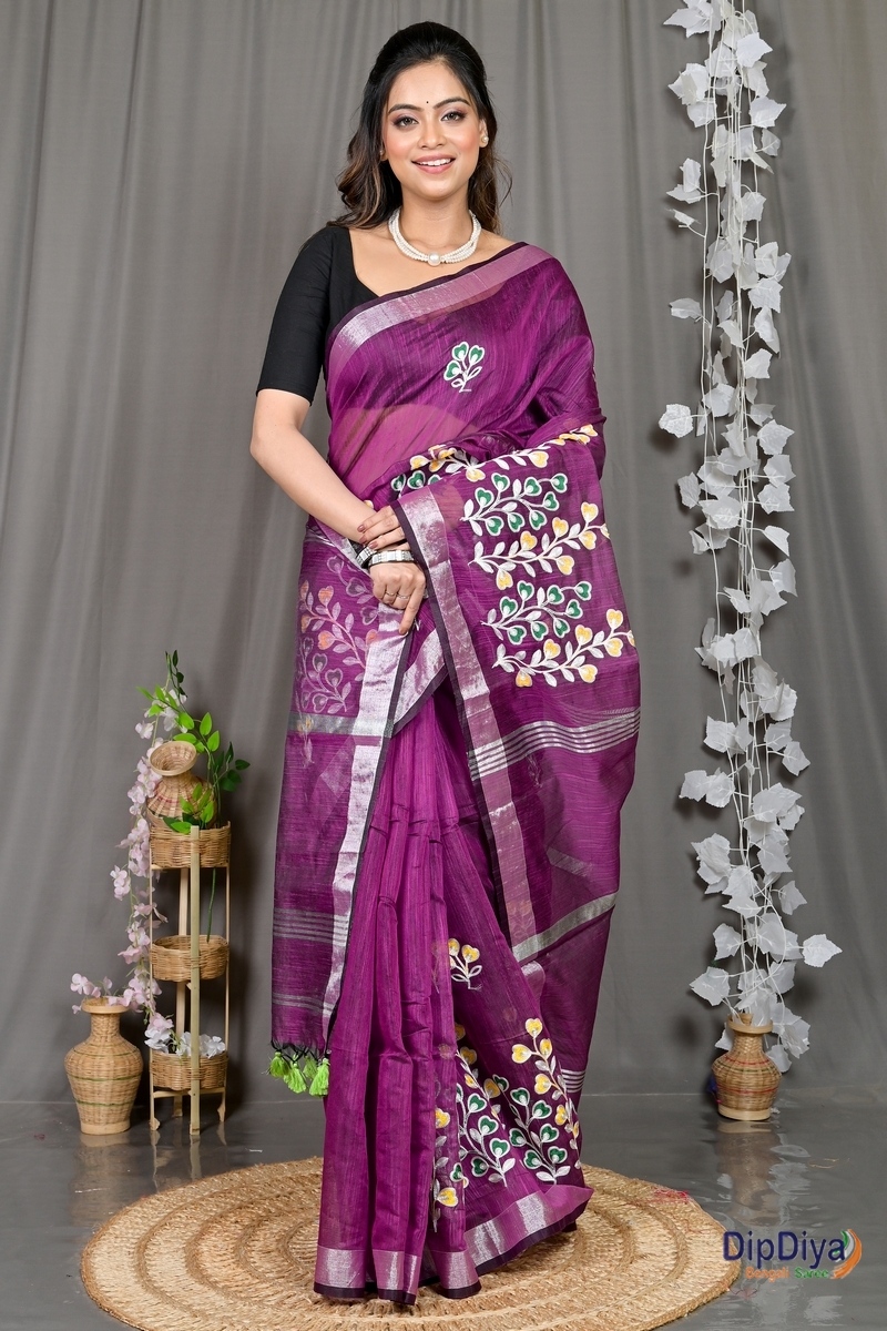 Purple Cotton Blended Paroni Embroidery Handloom saree (498)