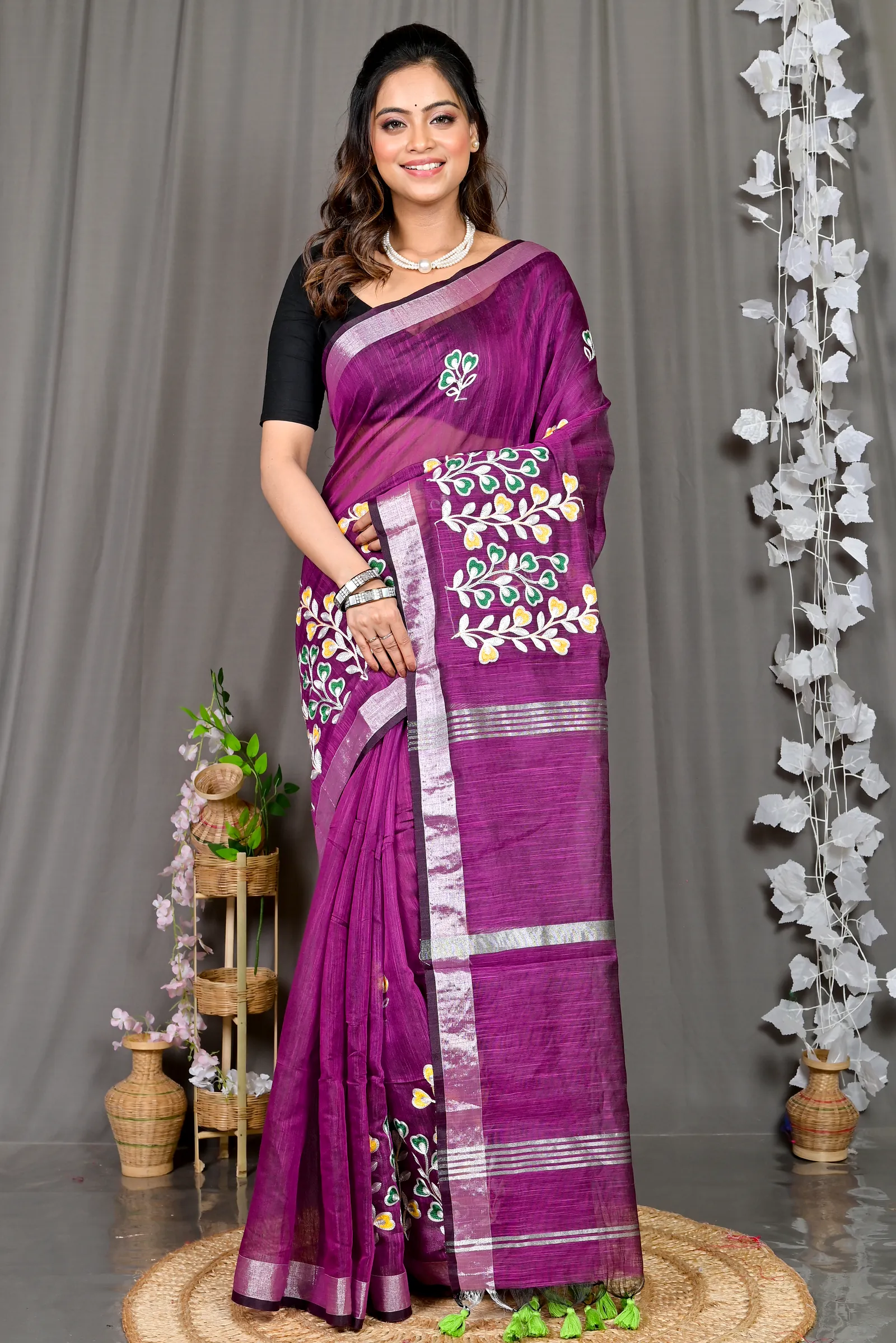 Purple Cotton Blended Paroni Embroidery Handloom saree (498)
