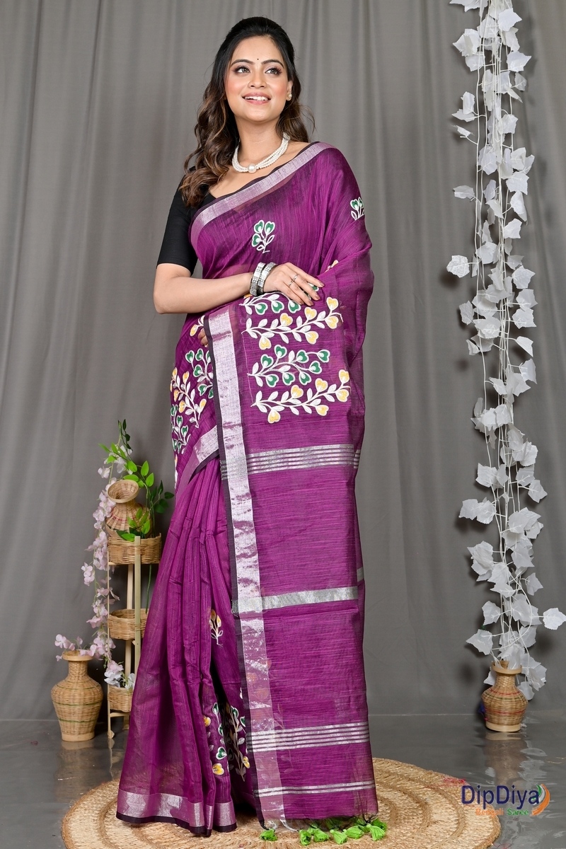 Purple Cotton Blended Paroni Embroidery Handloom saree (498)