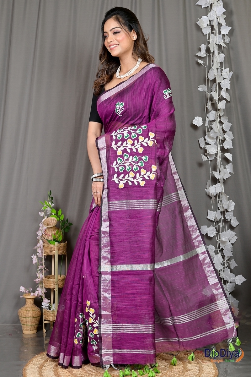 Purple Cotton Blended Paroni Embroidery Handloom saree (498)