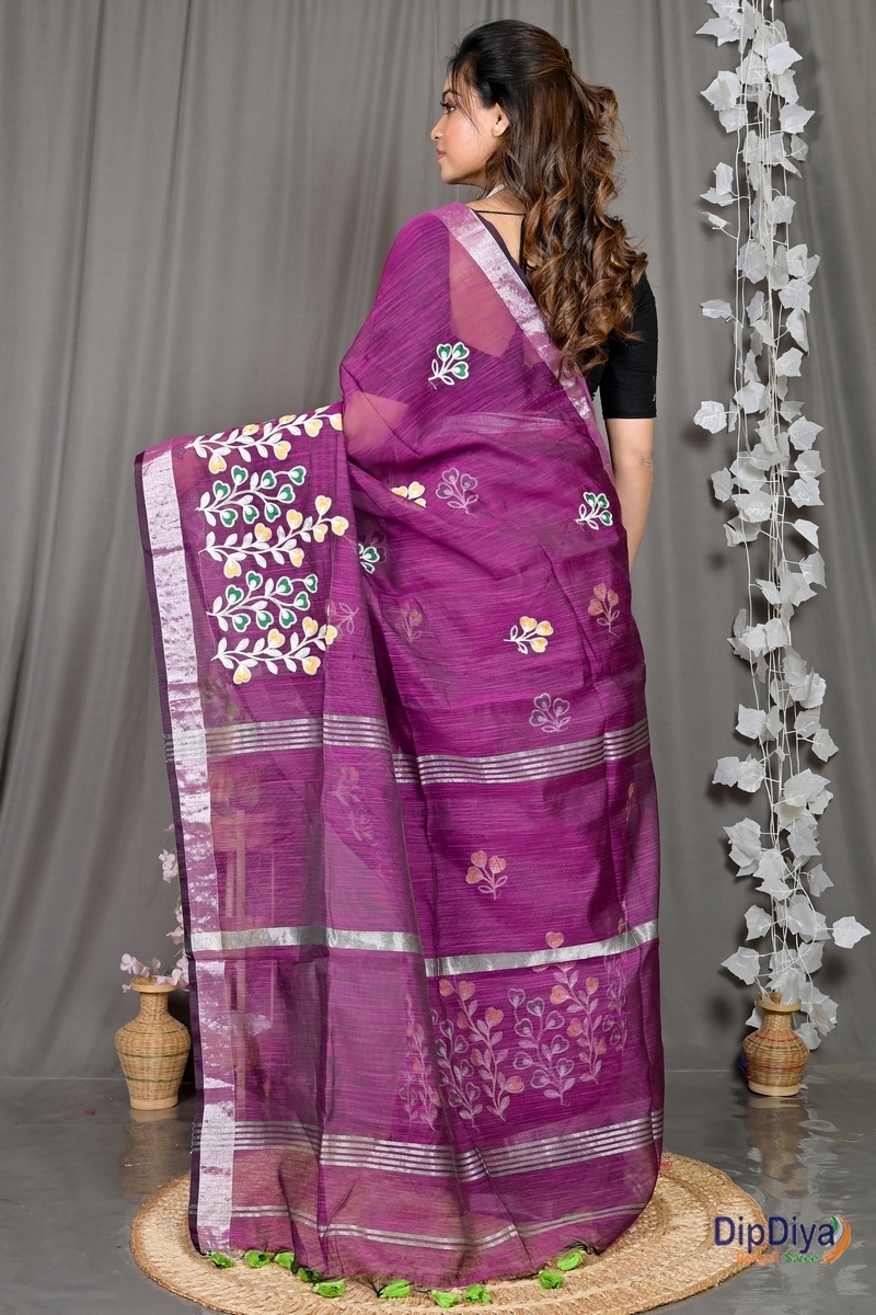 Purple Cotton Blended Paroni Embroidery Handloom saree (498)