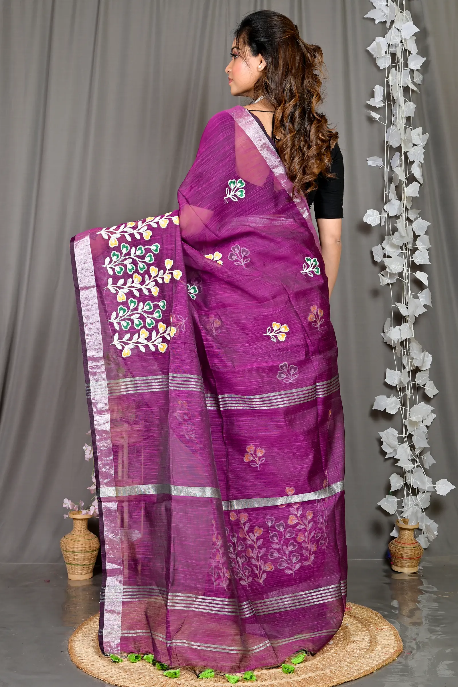 Purple Cotton Blended Paroni Embroidery Handloom saree (498)
