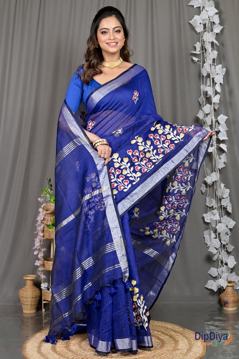 Blue Cotton Blended Paroni Embroidery Handloom saree (499)
