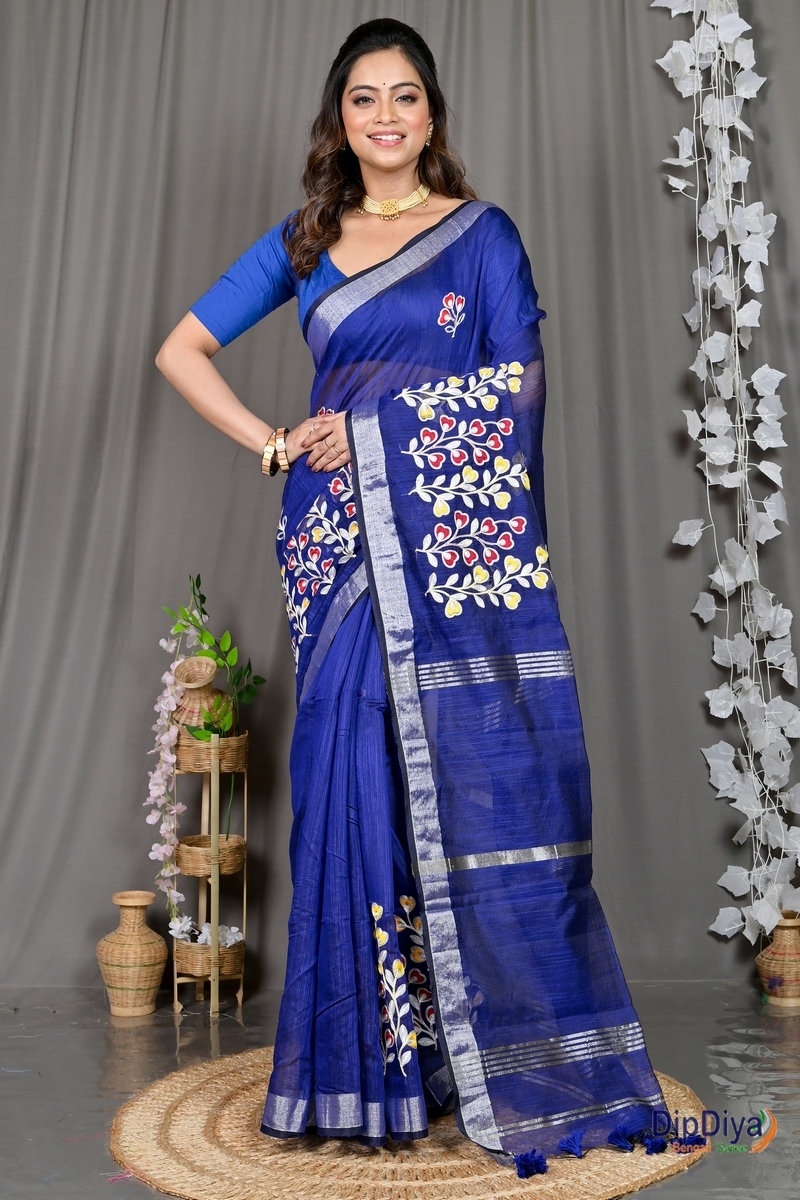 Blue Cotton Blended Paroni Embroidery Handloom saree (499)