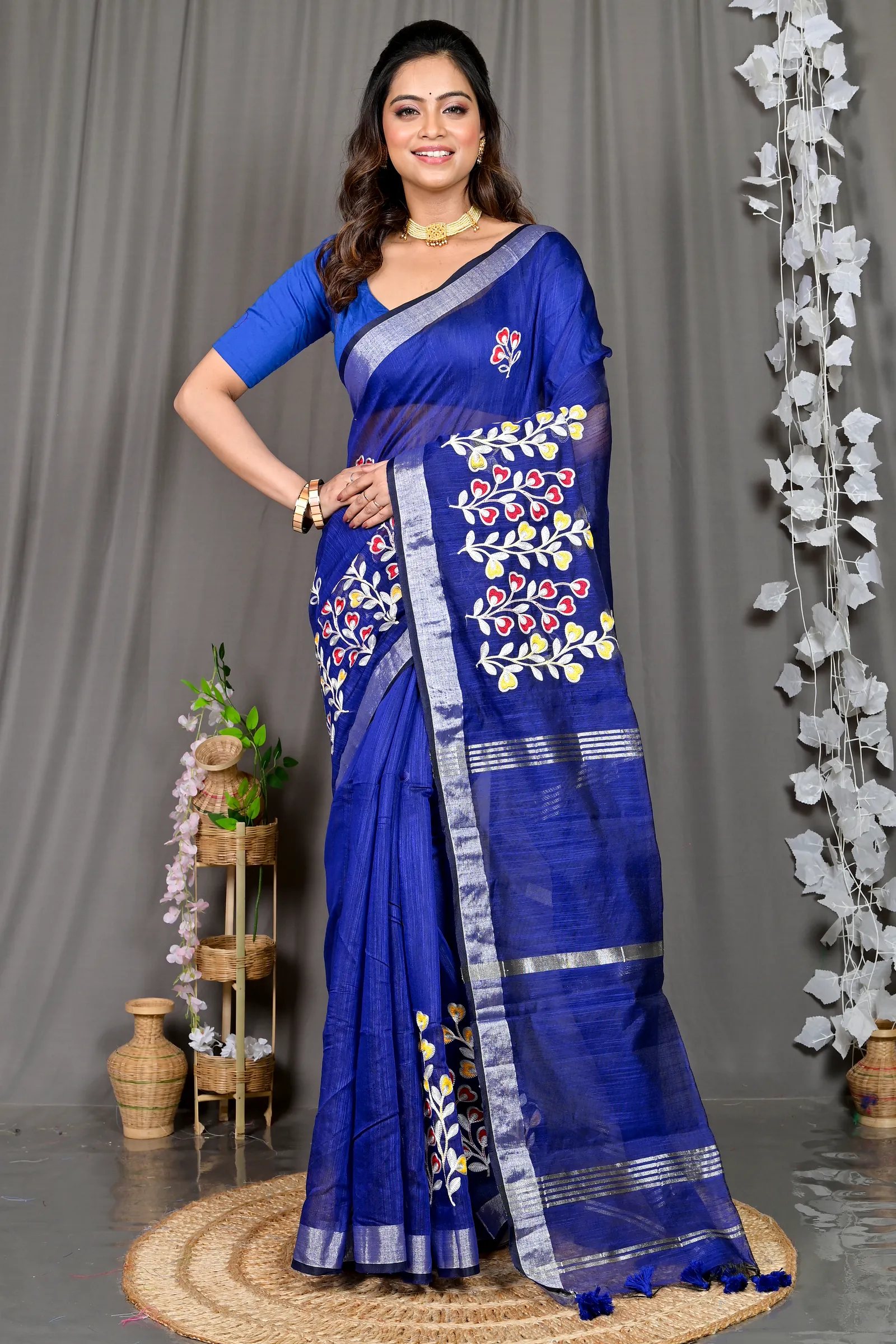 Blue Cotton Blended Paroni Embroidery Handloom saree (499)