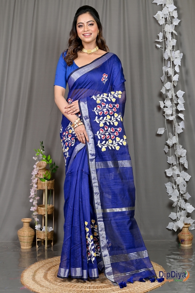 Blue Cotton Blended Paroni Embroidery Handloom saree (499)