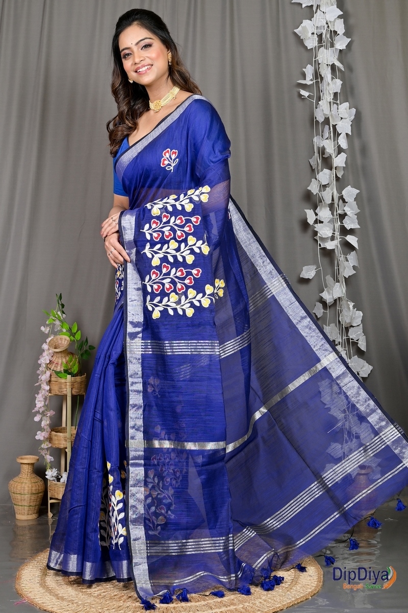 Blue Cotton Blended Paroni Embroidery Handloom saree (499)