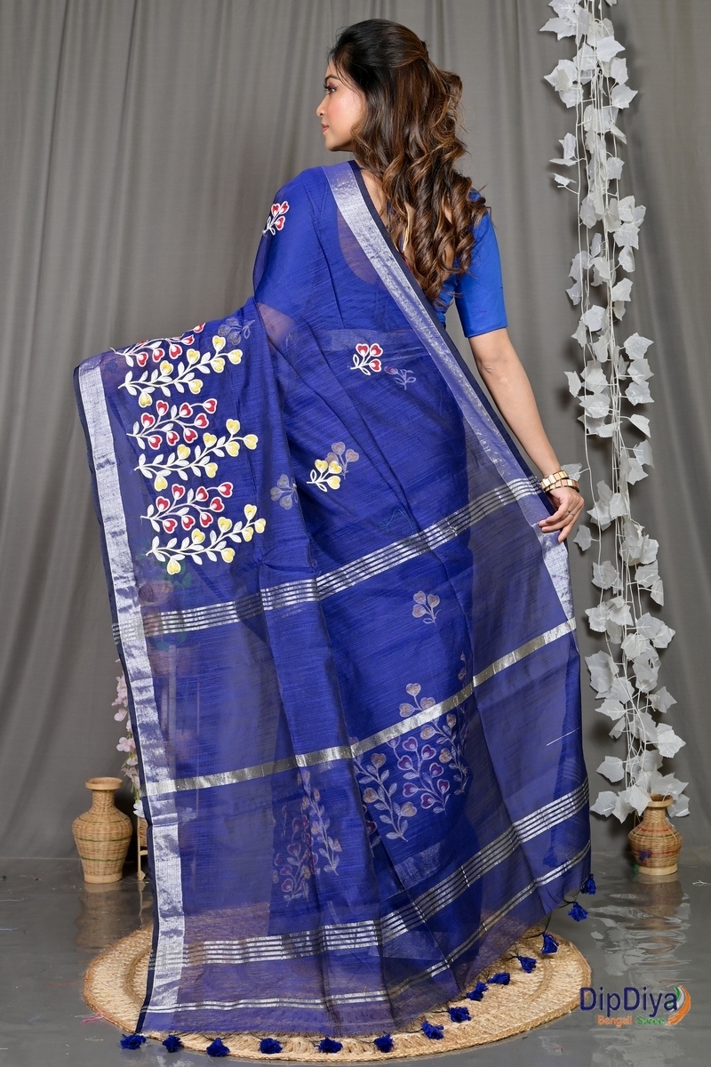 Blue Cotton Blended Paroni Embroidery Handloom saree (499)